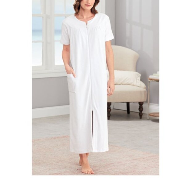 Cuddledown Pima Cotton White Long Robe w Pockets Soft Comfy Loungewear Size M - Picture 1 of 9